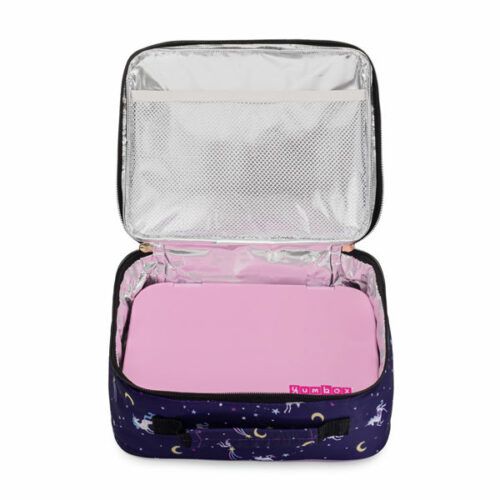 Bolsa térmica para guardar la fiambrera Yumbox con dibujos de unicornios.